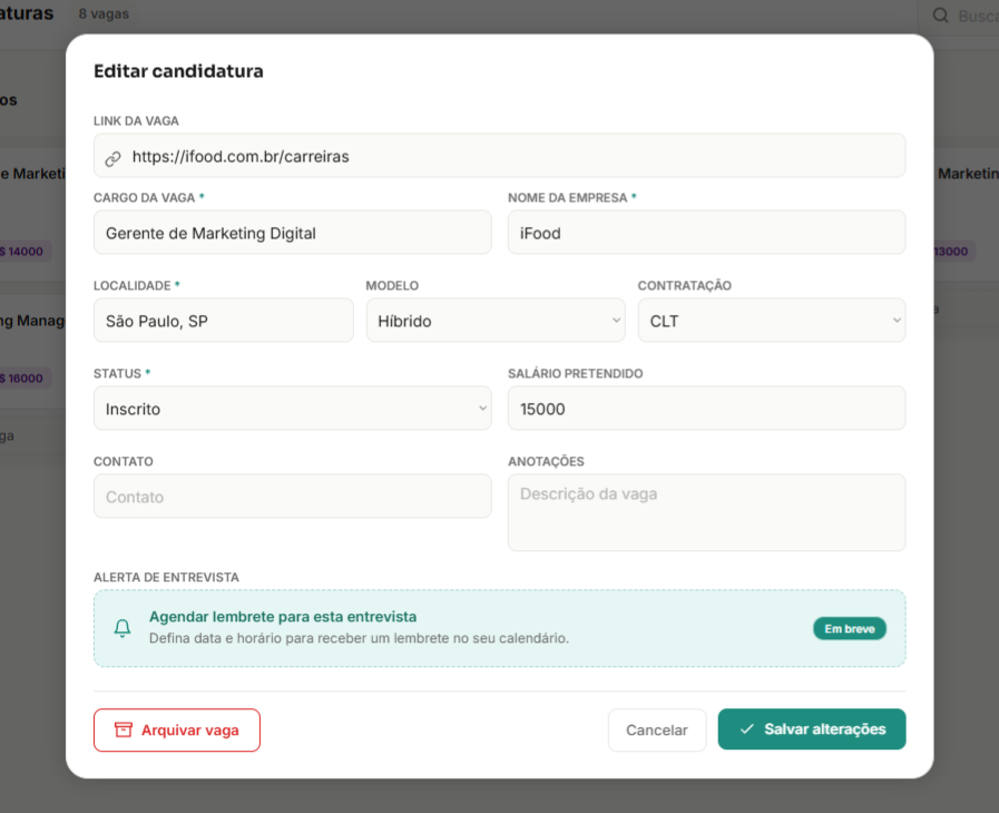 Formulário de cadastro de vaga no Trampolim